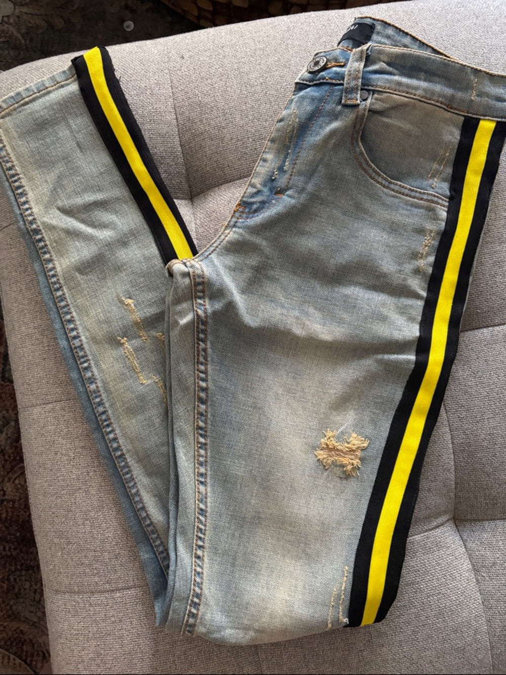 Light Blue Skinny Jeans with Black and Yellow Side Stripe